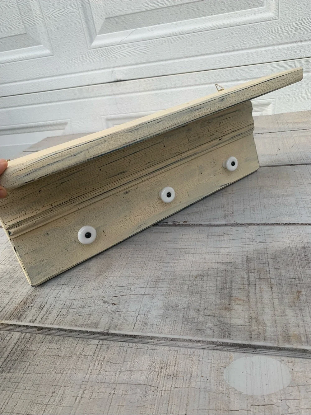 Vintage Farmhouse Wall Shelf with 3 Shaker Pegs Distressed White 17.5” Coat Rack